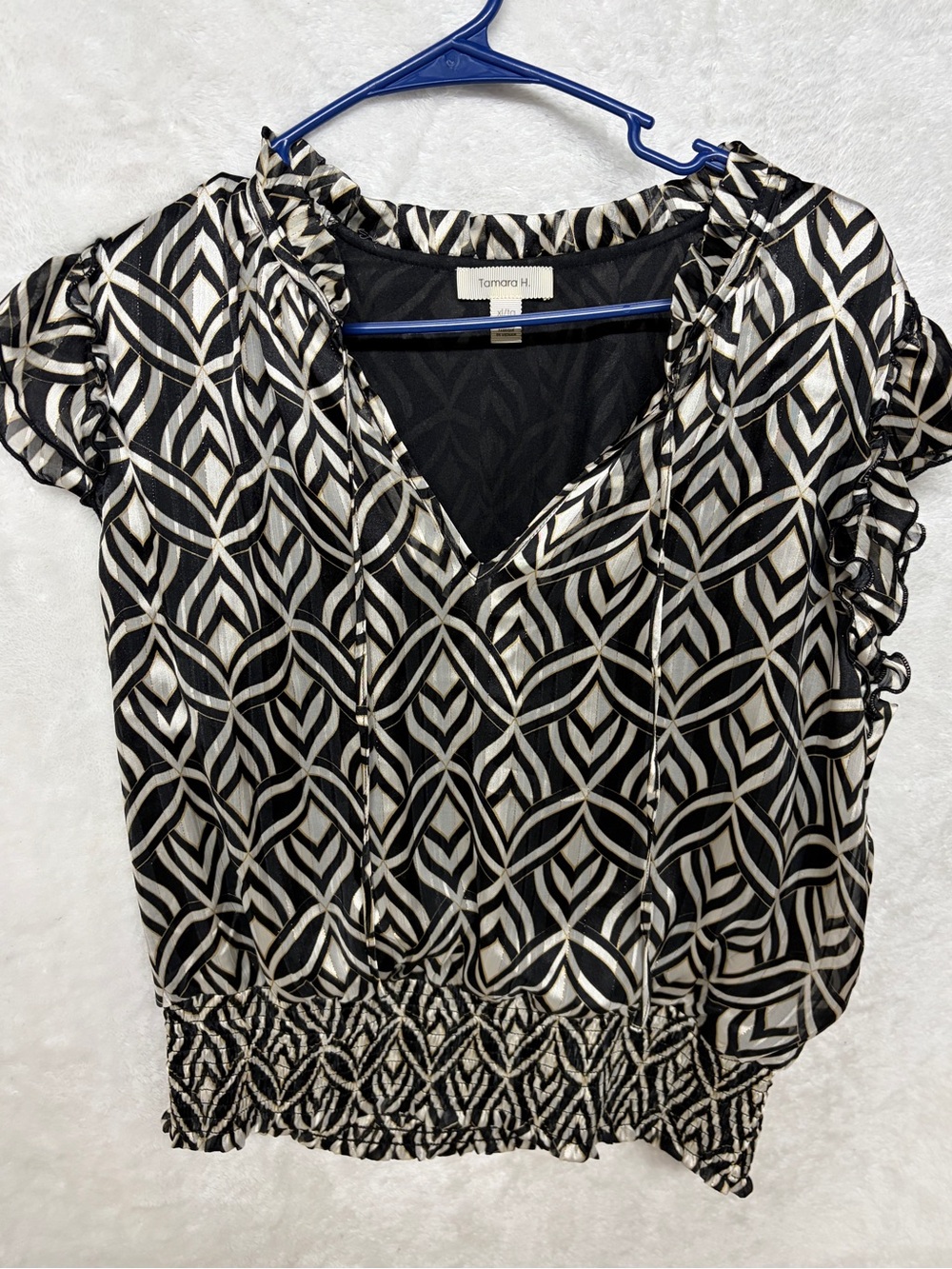 Tamara H. Black & Cream Geometric V-Neck Blouse